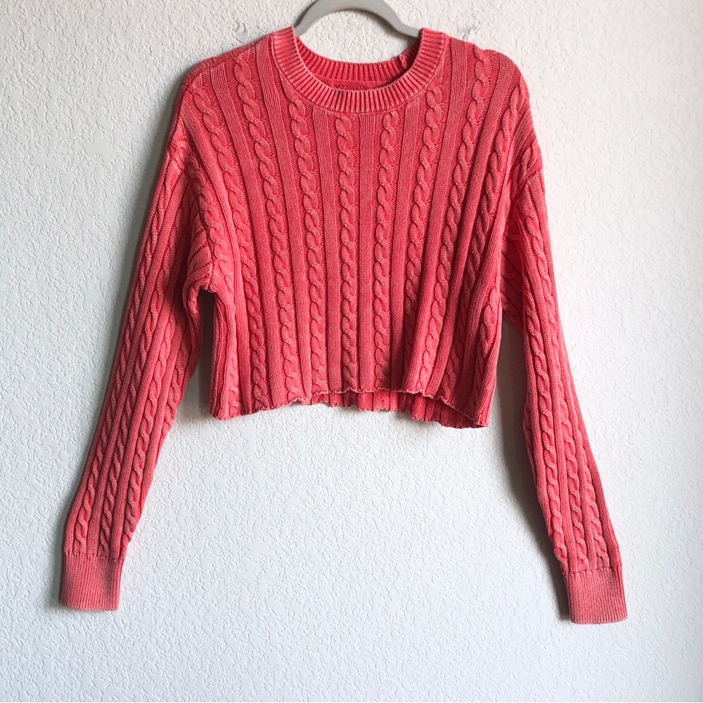 New Aerie Cable Knit Cropped Sweater Sunwashed Red Medium